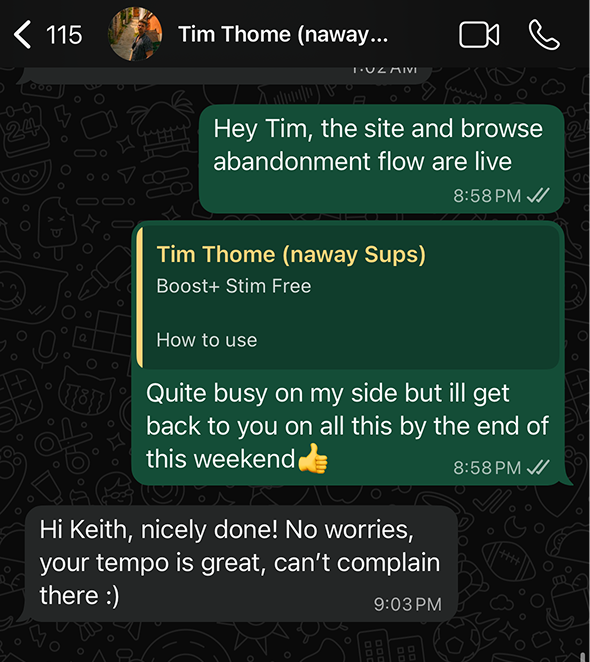 WhatsApp message praising delivery tempo